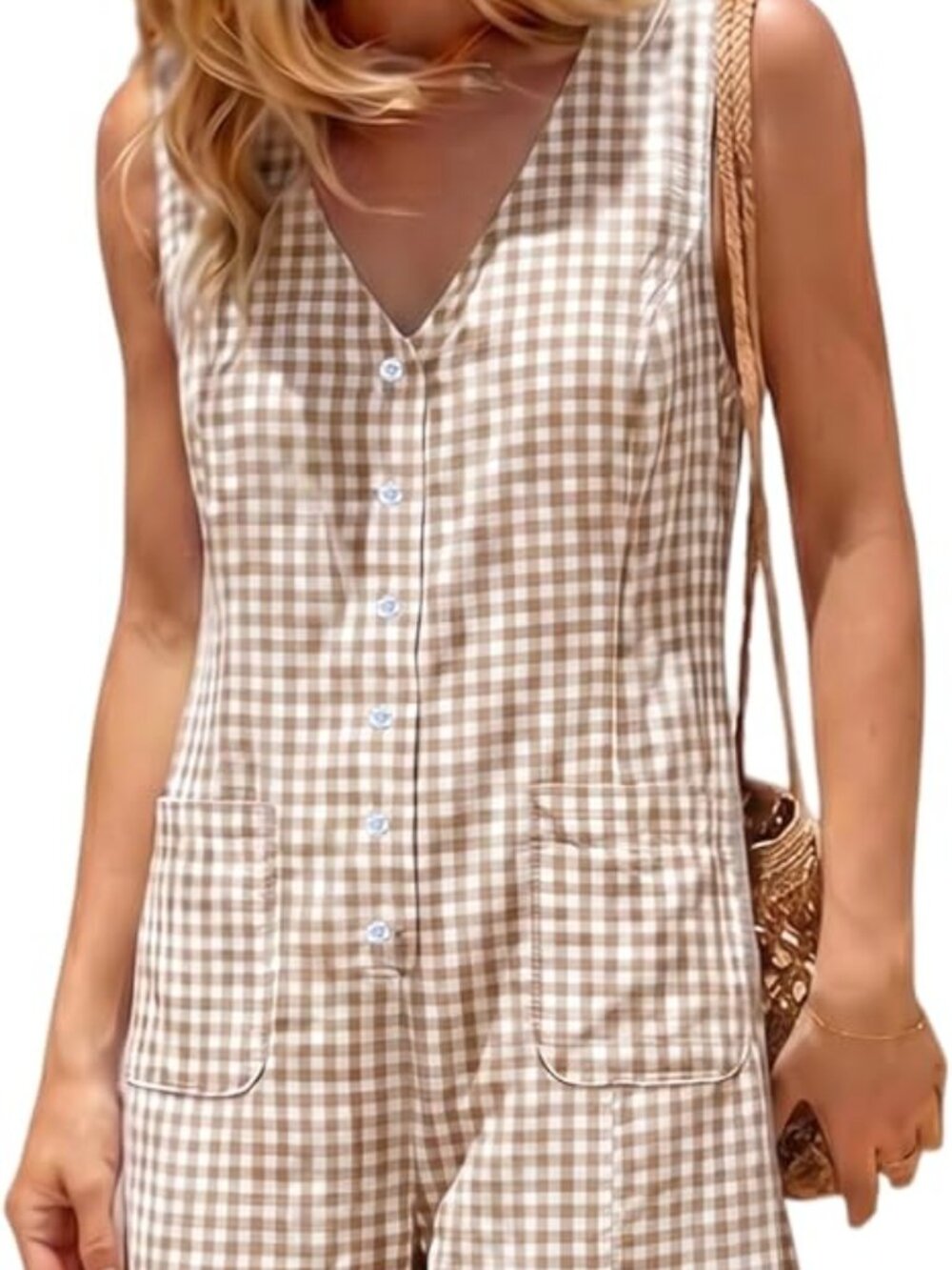 UANEO Women's Button Down Gingham Plaid Jumpsuit